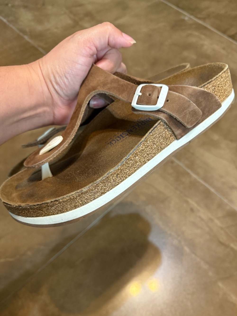 Birkenstock Brown Suede Thong Sandals with White Buckle